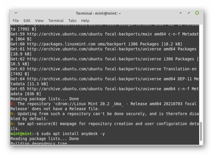 Окончание установки AnyDesk через Терминал Mint