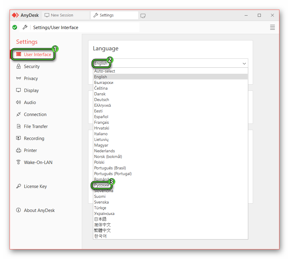 Смена языка на русский в настройках AnyDesk