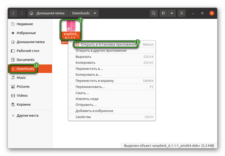 Запуск deb-файла для установки AnyDesk на Ubuntu