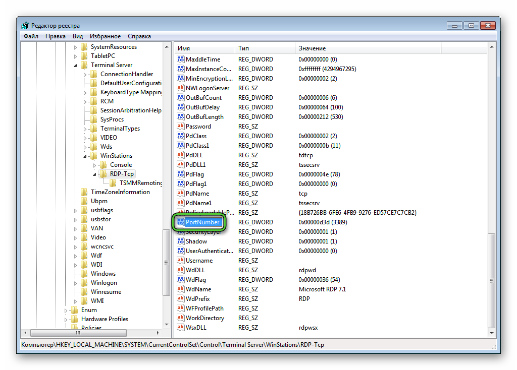 Параметр PortNumber в Редакторе реестра Windows 7