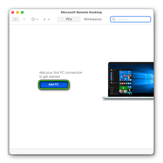 Кнопка Add PC в Microsoft Remote Desktop для Mac OS